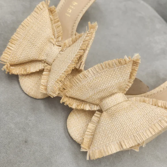 Gianni Bini Mules 8.5 Nude Beige Raffia Le Cadeau Kitten Heel Chunky Bow New$100 - Picture 5 of 16